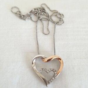 Vintage 14K Gold Sterling Silver Diamond Heart Necklace